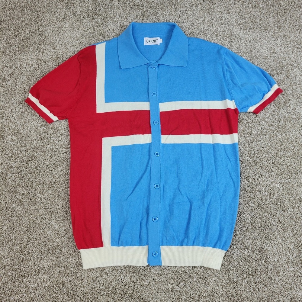 Oxknit Mens Large Red White Blue‎ Stretch Knit Button Up Short Sleeve